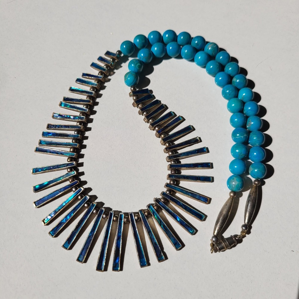 vintage Artisan Statement Turquoise Abalone Inlay Bib Necklace Blue Southwest - Picture 10 of 11